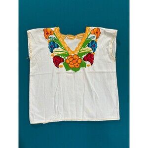 Women's White Mexican Embroidered Floral Blouse Top XS-S